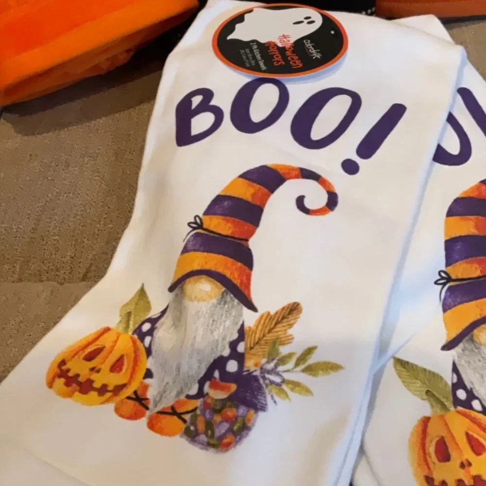 Halloween Kitchen Towels Set of 2 BOO! Adorable Purple and Orange GNOME NEW